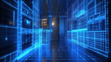 Smart kitchen design, digital blueprint, glowing wireframe, home automation, future technology