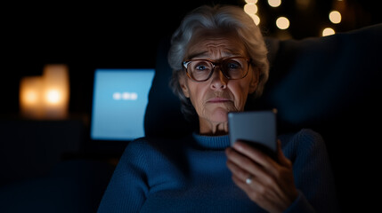 Concerned elderly woman using a smartphone while sitting in a dimly lit room with warm lights in the background