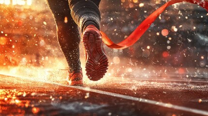 A decisive runner breaches the finish line with exuberance in a crowded stadium, signifying accomplishment, quickness, and resilience in sports