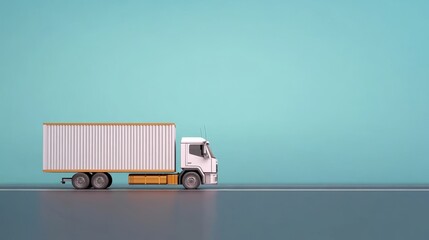 White Truck on Road - A white cargo truck with a large container drives on a grey road against a light teal background