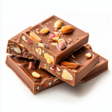 Crumbled chocolate bar pieces on a clean white background, showcasing dark chocolate richness and texture, perfect for adding depth to dessert themes.
