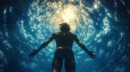 Silhouette of a man swimming underwater, arms outstretched towards the light