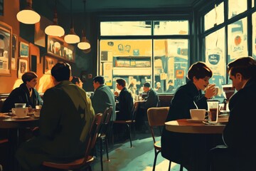 Cafe patrons enjoy coffee, city street view, sunny day, vintage ambiance, stock photo