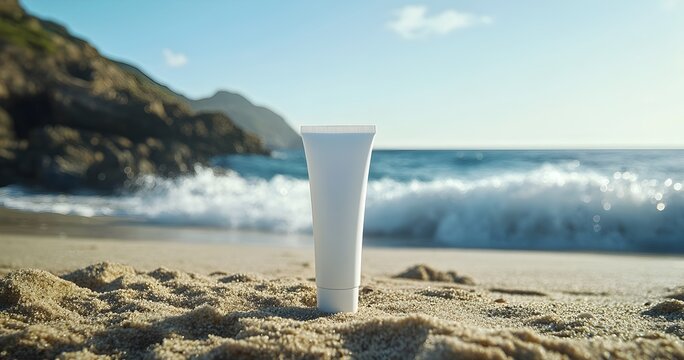 White Sunscreen Tube on the Beach, Close-Up, Product Photography with Sunny Blue Sea Background