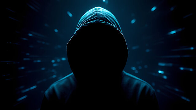 Anonymous hacker. Dark silhouette of a person in a hood against a background of blurred blue holographic pixels. Cybersecurity technology. Cyber security and data protection on internet. Banner design