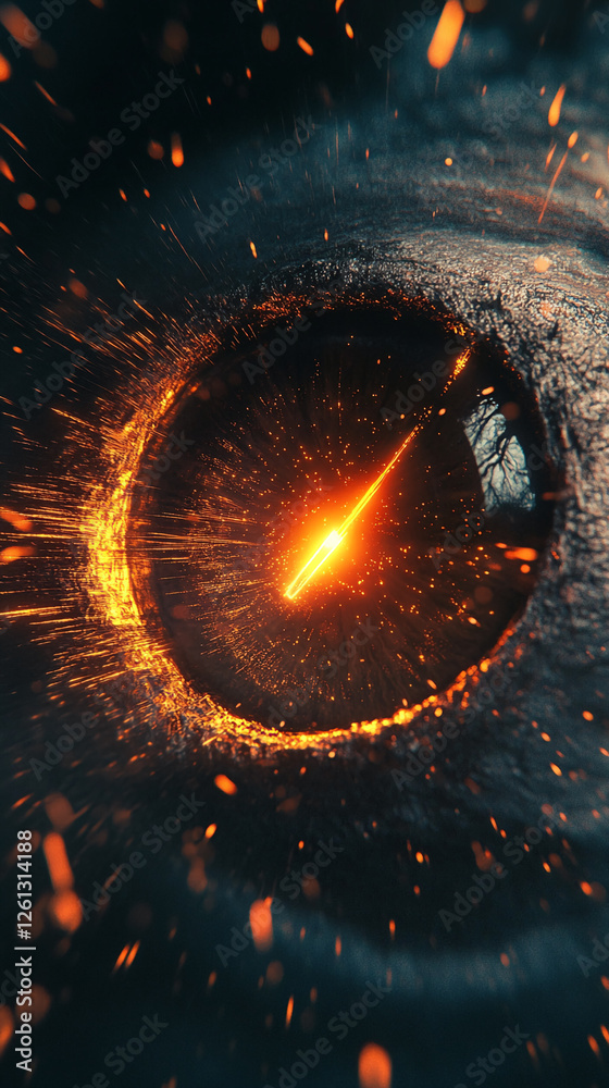 Poster close-up of a glowing, fiery eye with sparks and glowing light bursting from the center. the image s