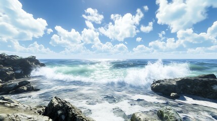 Obraz premium Waves crashing against smooth boulders under glowing sky with drifting clouds
