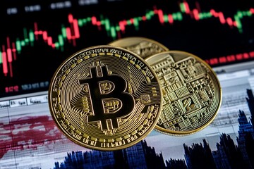 Bitcoin coins overlaid on fluctuating stock market graphs in a digital trading atmosphere