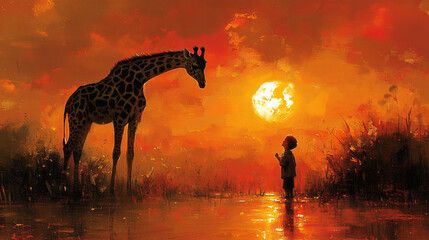 A heartwarming illustration of a giraffe nuzzling a laughing child, perfect for children's books, nature-themed events, or family-friendly marketing materials.