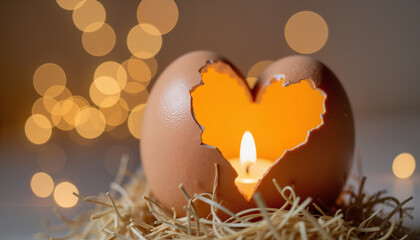 Glowing heart-shaped eggshell in cozy ambiance, Easter symbolism