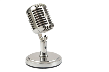 An old-fashioned silver-colored microphone standing on its base, isolated on a white background. Perfect for music, retro, or vintage audio-related designs. High-quality cutout for easy integration.