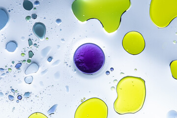 Abstract set of bubbles and colorful water drops, experiment between art and science