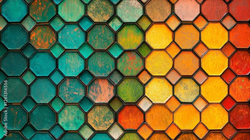 Poster creating a vibrant multicolored hexagon pattern art studio graphic design digital environment aesthe