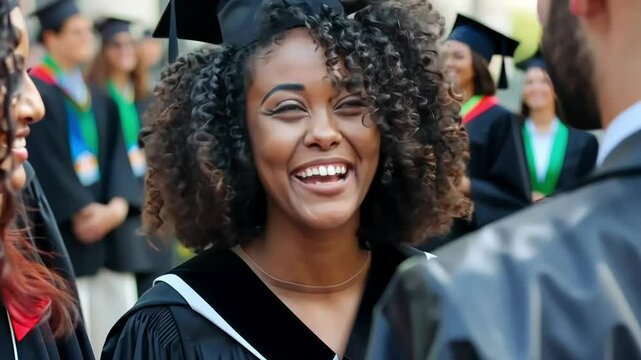 Happy african american student smiling, speaking with colleges, congrats friends on the university graduation ceremony