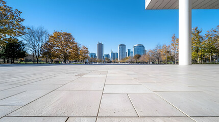 Fototapeta premium City skyline view from paved plaza