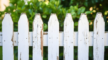 Fototapeta premium Close-up View of Weathered Picket Fence with Peeling Paint