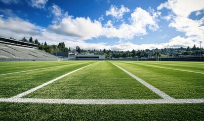 Obraz premium A bright day at a contemporary football stadium with a verdant green field.