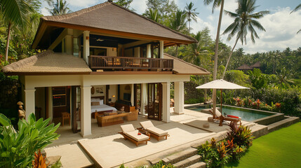 Fototapeta premium Traditional tropical villa with private pool surrounded by palm trees