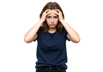 Woman overwhelmed with stress and concern, confusion and doubt, hands to head, isolated