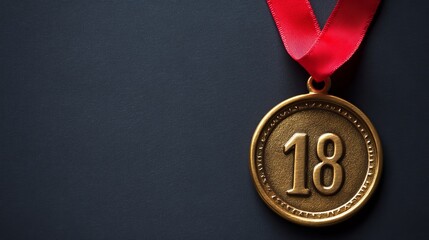 A close-up of a gold medal hanging from a red ribbon, denoting achievement and honor, victory and success