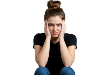 Woman overwhelmed with stress and concern, confusion and doubt, hands to head, isolated