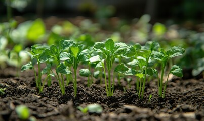 A cluster of young broccoli plants growing together in the vegetable bed, cluster, density, green