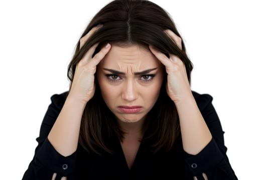 Woman overwhelmed with stress and concern, confusion and doubt, hands to head, isolated