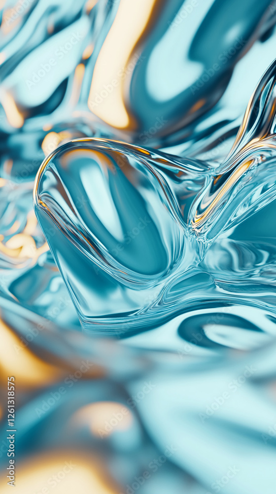 Poster Close-up of clear, smooth liquid in shades of turquoise and gold, creating an abstract and fluid composition, symbolizing movement, clarity, and elegance in modern design