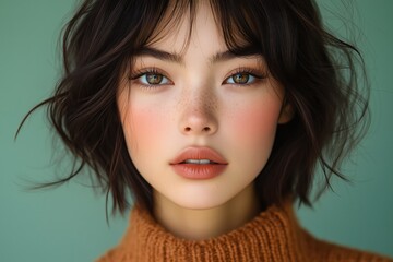asian model with a bob haircut wearing a soft brown sweater against a solid background. Fashion photography featuring soft brown colors.