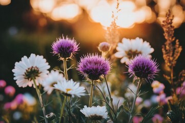 purple thistles in the foreground, white chrysanthemums and pink flowers in the background, with sunset light creating a depth of field and focus on the front Generative AI