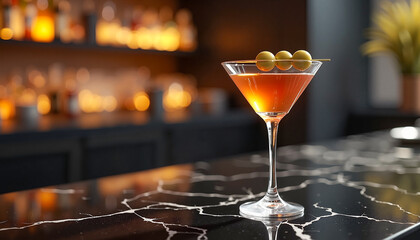 Sleek martini glass with a dirty martini and three green olives on a modern black marble bar, premium cocktail experience.