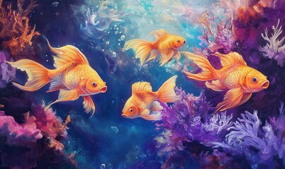 Naklejka premium A lively group of orange fish swim through a coral reef colored in shades of purple and blue.