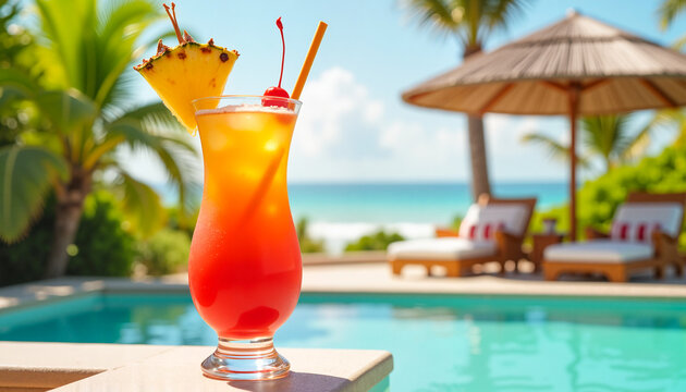 Tropical rum punch in hurricane glass with pineapple and cherry garnish, poolside cabana surrounded by lush palms, refreshing summer concept.