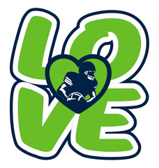 Love - Navy blue and neon green football player, sport vector graphics, hockey, for street art - graffiti lettering typography - art illustration - multicolor - writen		