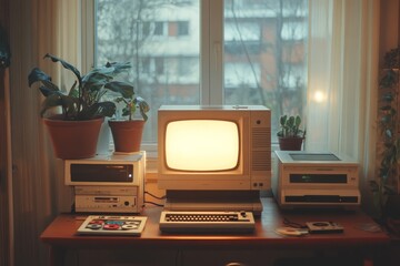 Retro computer setup, home office, winter window view