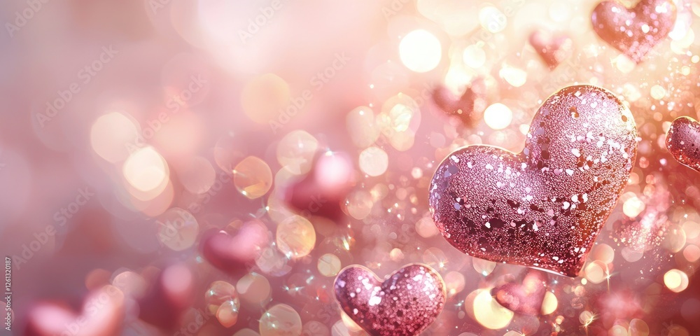 Wall mural a delicate light pink background with blurred hearts and sparkling light reflections creating a soft