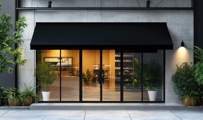 A modern retail space with a black awning and glass doors, appropriate for commercial or retail activities.