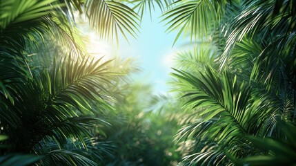 Tropical serenity palm fronds against a bright cyan sky