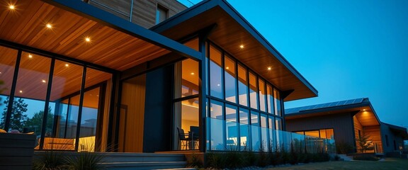 A cutting-edge modern house featuring sustainable architecture with solar panels, automated lighting