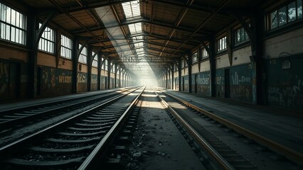 An enigmatic, deserted railway platform with aged tracks, layered textures of rust and peeling paint