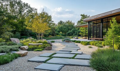 A pathway of stones, garden greenery, stones, and landscape architecture.