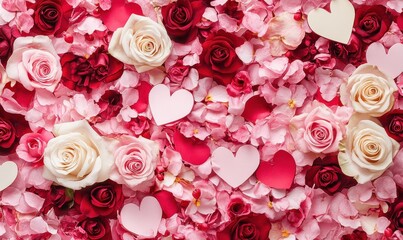 A flat lay view of a festive greeting card background for Valentine's Day or Mother's Day, adorned with pink and red hearts and roses.