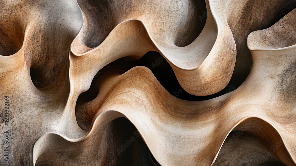 Poster abstract organic shapes and textures in shades of brown and beige, showcasing flowing curves and sof