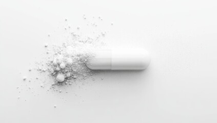White capsule with spilled powder on white background