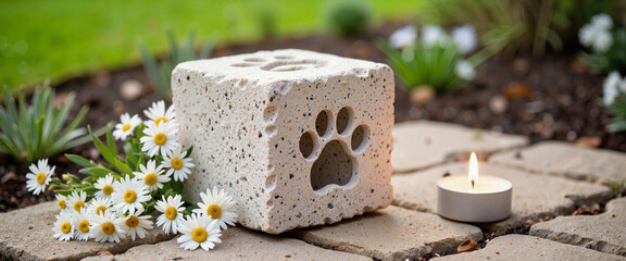 Serene stone pet urn with daisies and tealight, honoring memories