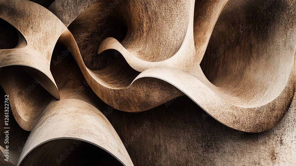 Poster close-up of abstract curving shapes in a brown and beige color palette, showcasing natural textures,