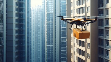 Urban Drone Delivery: Drone Hovering Above Rooftop to Deliver Package to High-Rise Apartment, Showcasing Innovative Technology for Elevated Urban Deliveries