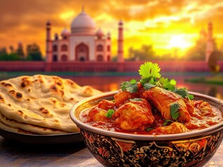 Delicious Indian curry with naan at sunset near the Taj Mahal in Agra