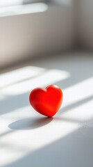 Single red heart on white surface with soft natural light