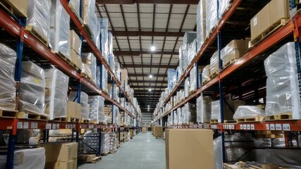 A spacious warehouse filled with neatly arranged boxes and pallets, showcasing inventory management.